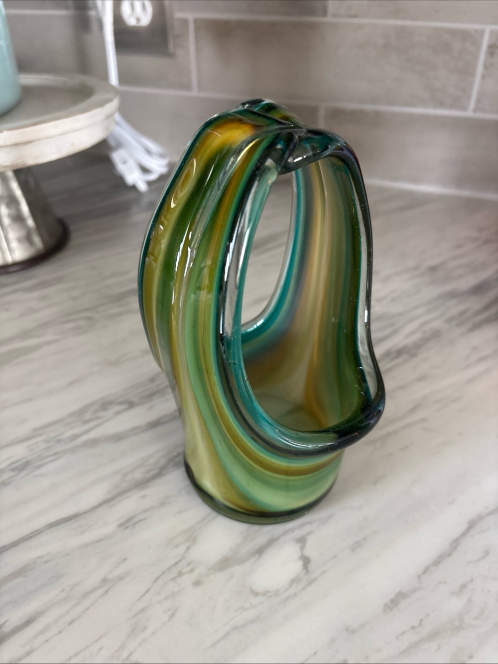 Handblown Glass Sculpture Vase in Green and Yellow